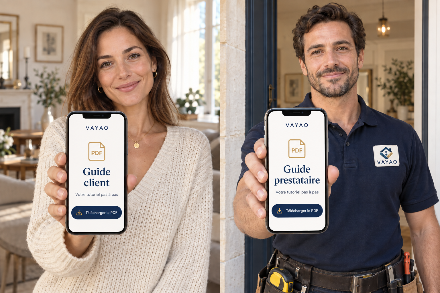 Une cliente présente un smartphone affichant le guide client VAYAO et le bouton Télécharger le PDF.